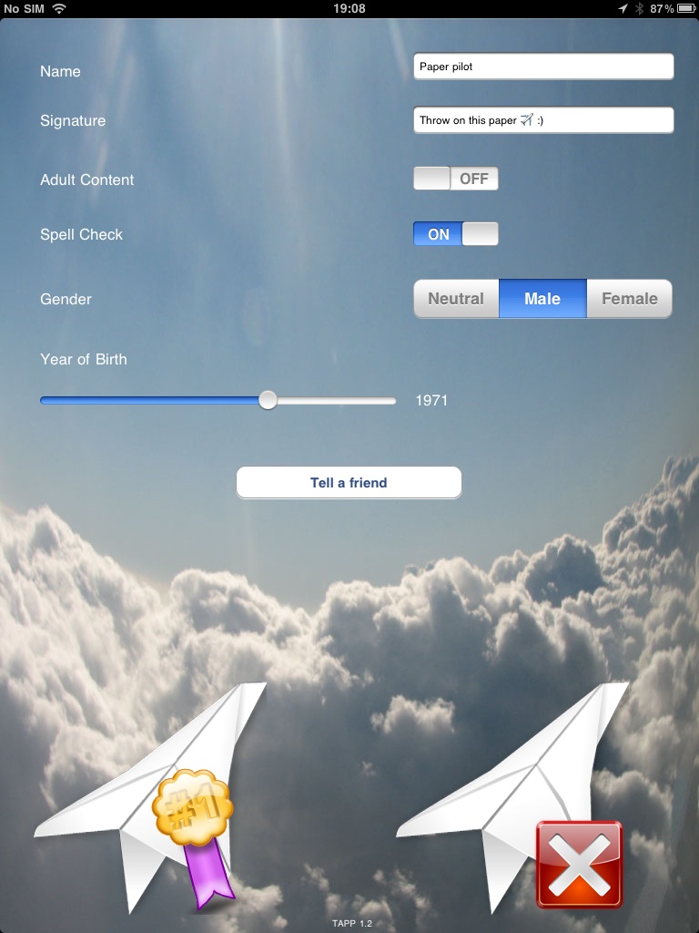 TAPP (Throw A Paper Plane) Settings iPad