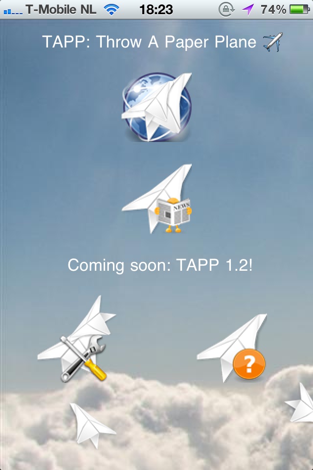 TAPP (Throw A Paper Plane) Main menu iPhone