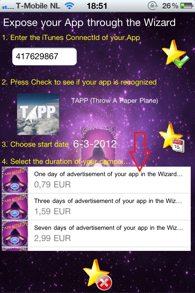 Select the number of days you want your app to be shown by The Wizard